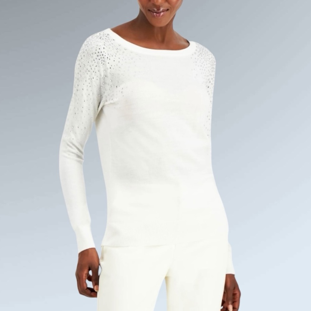 INC Womens Ivory Embellished Rhinestone Long Sleeve Crew Neck Sweater Size S